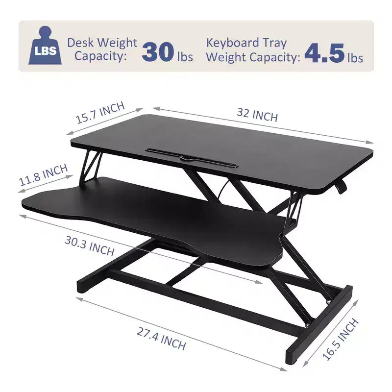 32-inch Desk Converter Adjustable Height Sit-Stand Desk, Dual Monitor Computer Workstation, Standing Desk with Wide Keyboard Tray