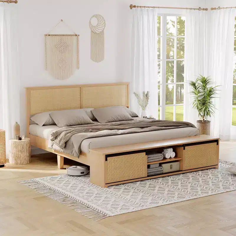Wicker bed frame with sliding barn door storage, bohemian farmhouse style, solid wood legs, no spring mattress required.