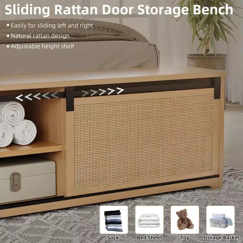 Wicker bed frame with sliding barn door storage, bohemian farmhouse style, solid wood legs, no spring mattress required.