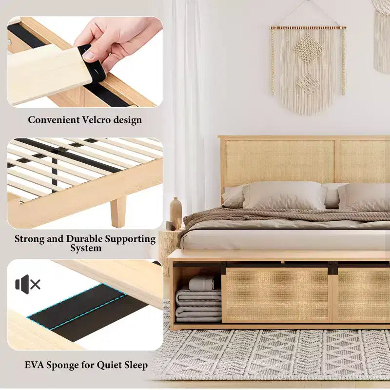Wicker bed frame with sliding barn door storage, bohemian farmhouse style, solid wood legs, no spring mattress required.