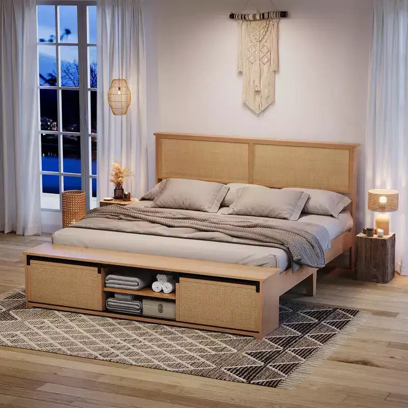 Wicker bed frame with sliding barn door storage, bohemian farmhouse style, solid wood legs, no spring mattress required.