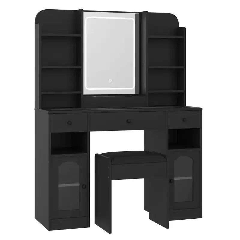 43.2 Vanity Desk, Dressing Table, Glass Top Vanity with Mirror, 3 Drawers, Storage Shelves and Stool