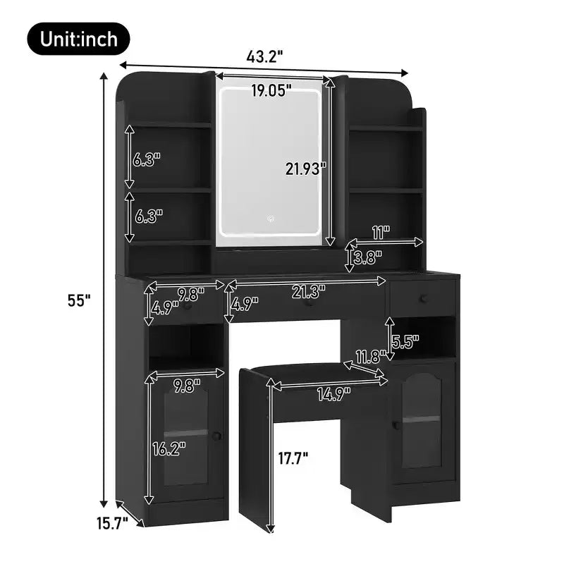 43.2 Vanity Desk, Dressing Table, Glass Top Vanity with Mirror, 3 Drawers, Storage Shelves and Stool