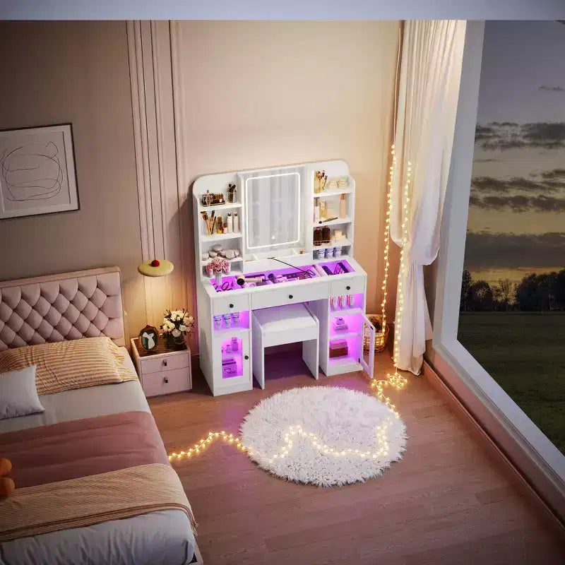 43.2 Vanity Desk, Dressing Table, Glass Top Vanity with Mirror, 3 Drawers, Storage Shelves and Stool