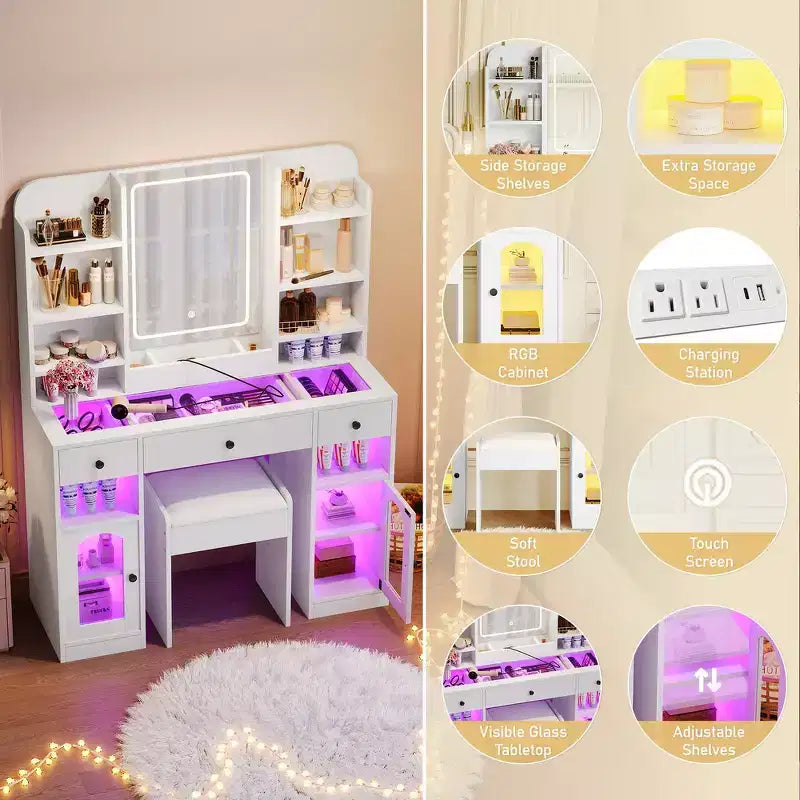 43.2 Vanity Desk, Dressing Table, Glass Top Vanity with Mirror, 3 Drawers, Storage Shelves and Stool
