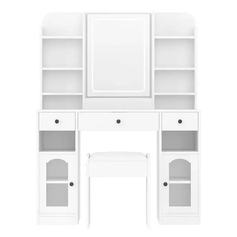 43.2 Vanity Desk, Dressing Table, Glass Top Vanity with Mirror, 3 Drawers, Storage Shelves and Stool