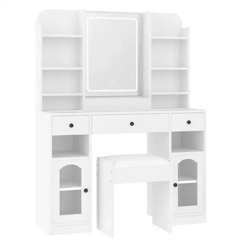 43.2 Vanity Desk, Dressing Table, Glass Top Vanity with Mirror, 3 Drawers, Storage Shelves and Stool