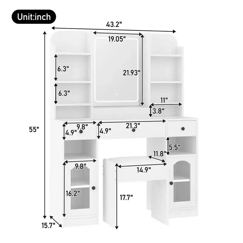 43.2 Vanity Desk, Dressing Table, Glass Top Vanity with Mirror, 3 Drawers, Storage Shelves and Stool
