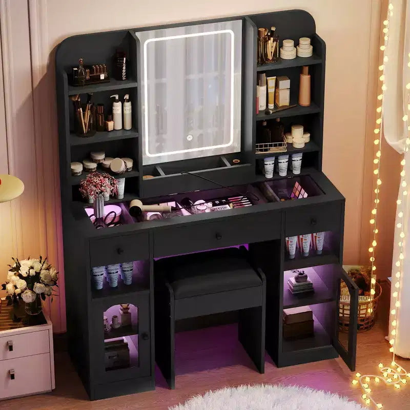 43.2 Vanity Desk, Dressing Table, Glass Top Vanity with Mirror, 3 Drawers, Storage Shelves and Stool