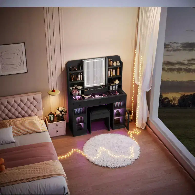 43.2 Vanity Desk, Dressing Table, Glass Top Vanity with Mirror, 3 Drawers, Storage Shelves and Stool