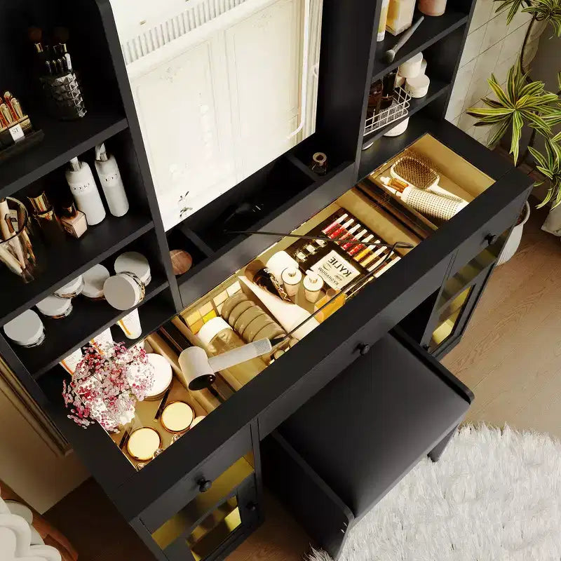 43.2 Vanity Desk, Dressing Table, Glass Top Vanity with Mirror, 3 Drawers, Storage Shelves and Stool