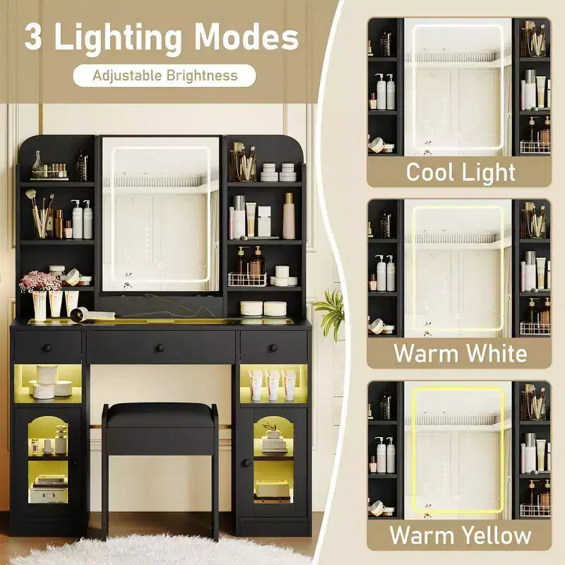 43.2 Vanity Desk, Dressing Table, Glass Top Vanity with Mirror, 3 Drawers, Storage Shelves and Stool