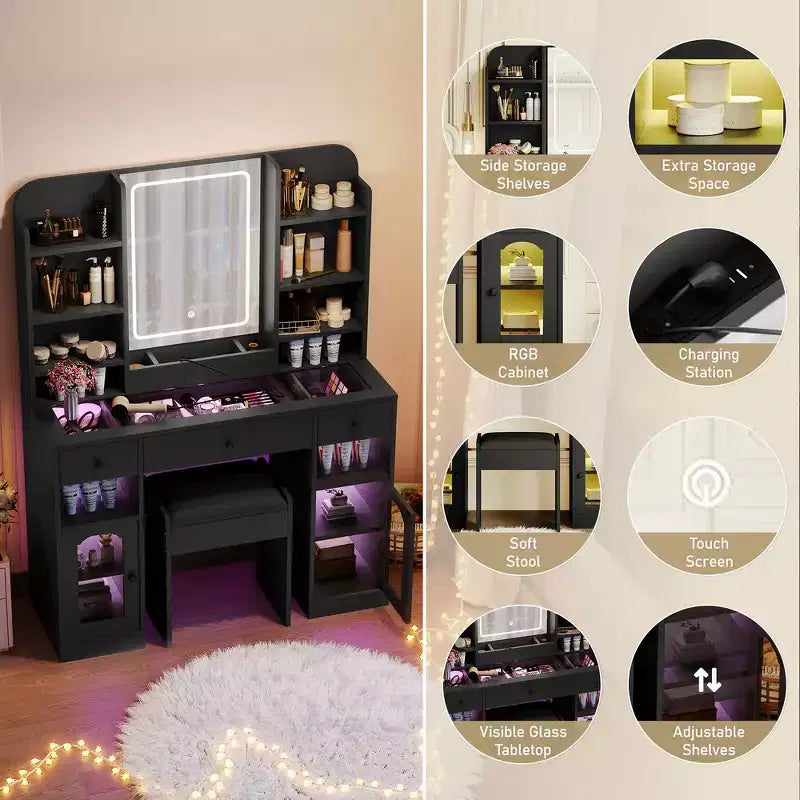 43.2 Vanity Desk, Dressing Table, Glass Top Vanity with Mirror, 3 Drawers, Storage Shelves and Stool