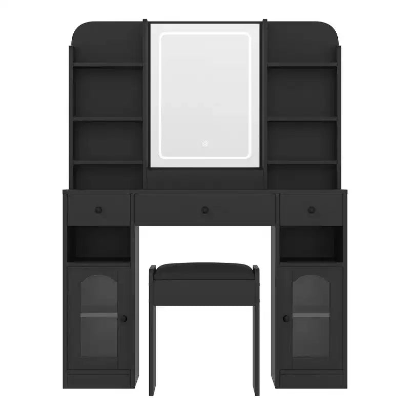 43.2 Vanity Desk, Dressing Table, Glass Top Vanity with Mirror, 3 Drawers, Storage Shelves and Stool