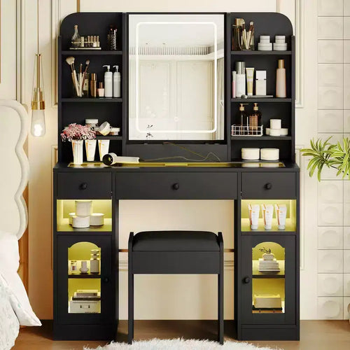 Whisen 43.2 Vanity Desk, Dressing Table, Glass Top Vanity with Mirror, 3 Drawers, Storage Shelves and Stool