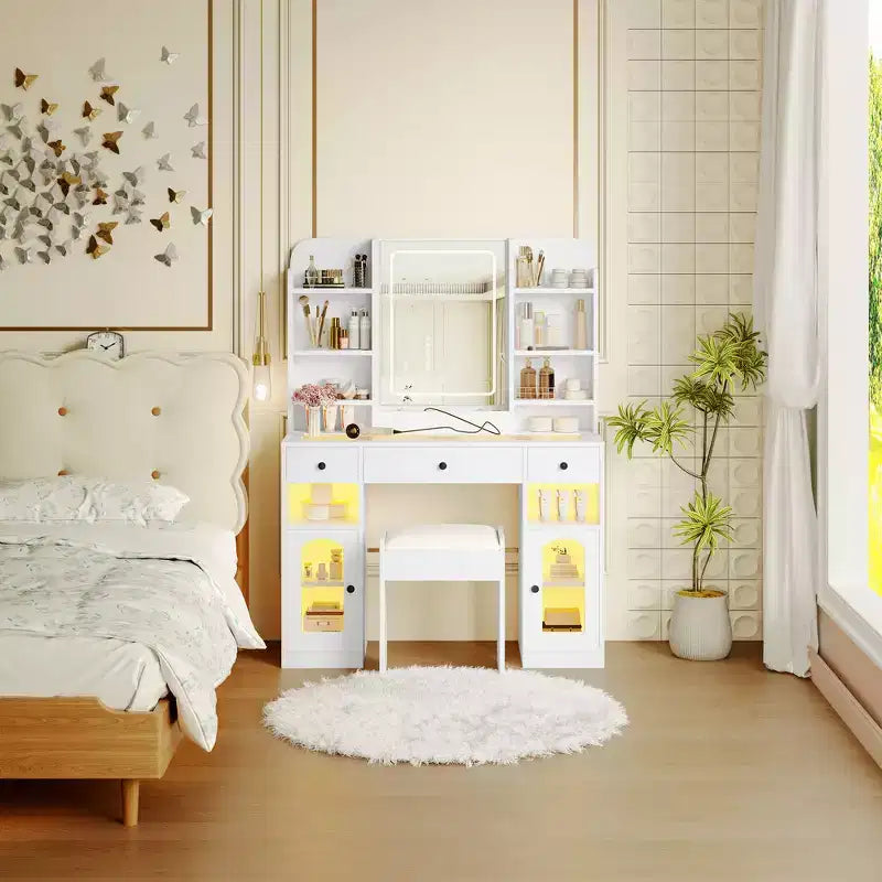 43.2 Vanity Desk, Dressing Table, Glass Top Vanity with Mirror, 3 Drawers, Storage Shelves and Stool