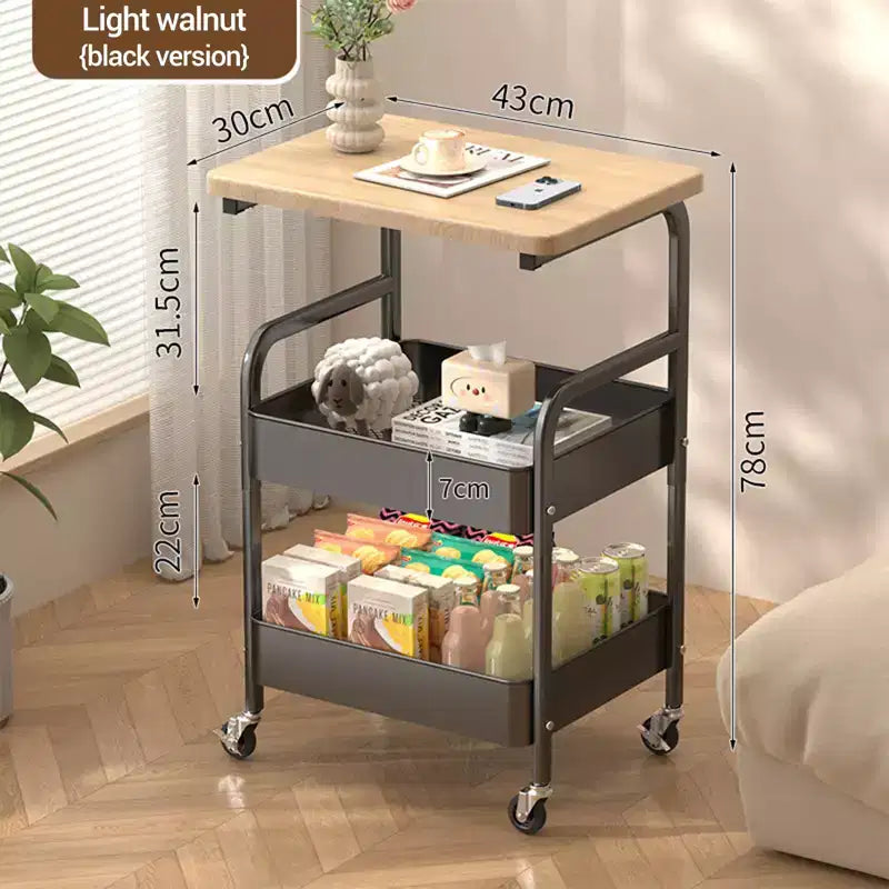 Sturdy 3-Tier Metal Utility Cart with Wooden Tabletop - Lockable Wheels, Multipurpose Storage Shelf for Kitchen Island, Office, Living Room, Bedroom