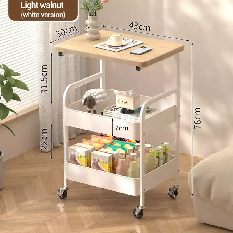 Sturdy 3-Tier Metal Utility Cart with Wooden Tabletop - Lockable Wheels, Multipurpose Storage Shelf for Kitchen Island, Office, Living Room, Bedroom