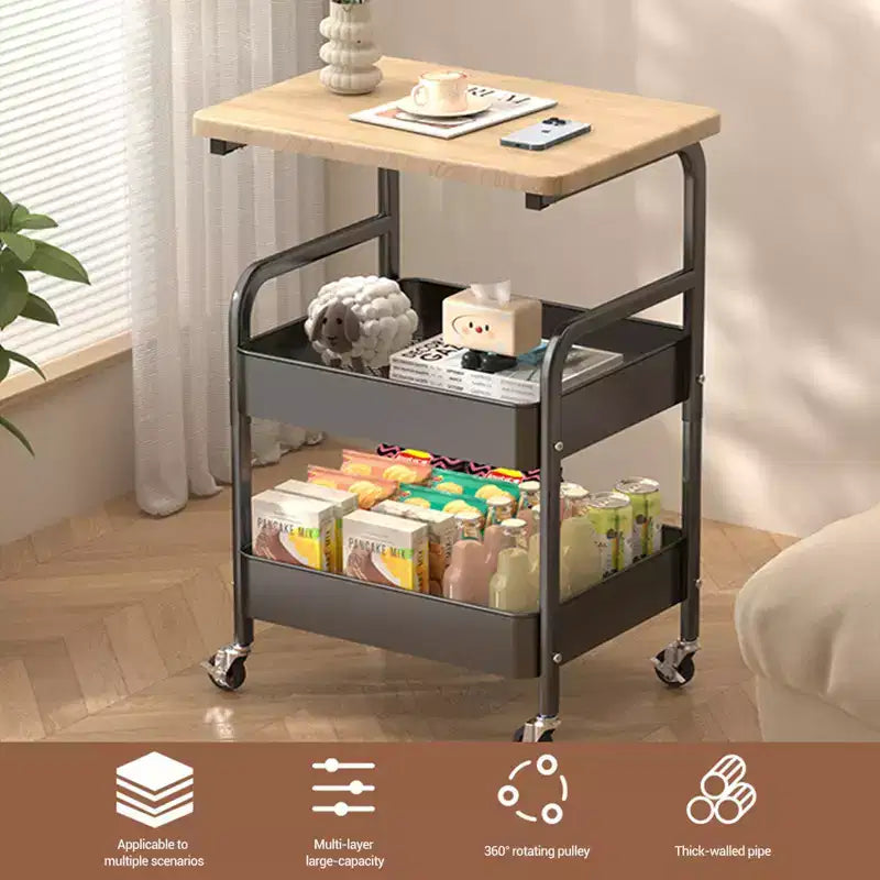 Sturdy 3-Tier Metal Utility Cart with Wooden Tabletop - Lockable Wheels, Multipurpose Storage Shelf for Kitchen Island, Office, Living Room, Bedroom