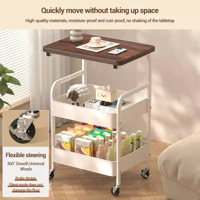 Sturdy 3-Tier Metal Utility Cart with Wooden Tabletop - Lockable Wheels, Multipurpose Storage Shelf for Kitchen Island, Office, Living Room, Bedroom