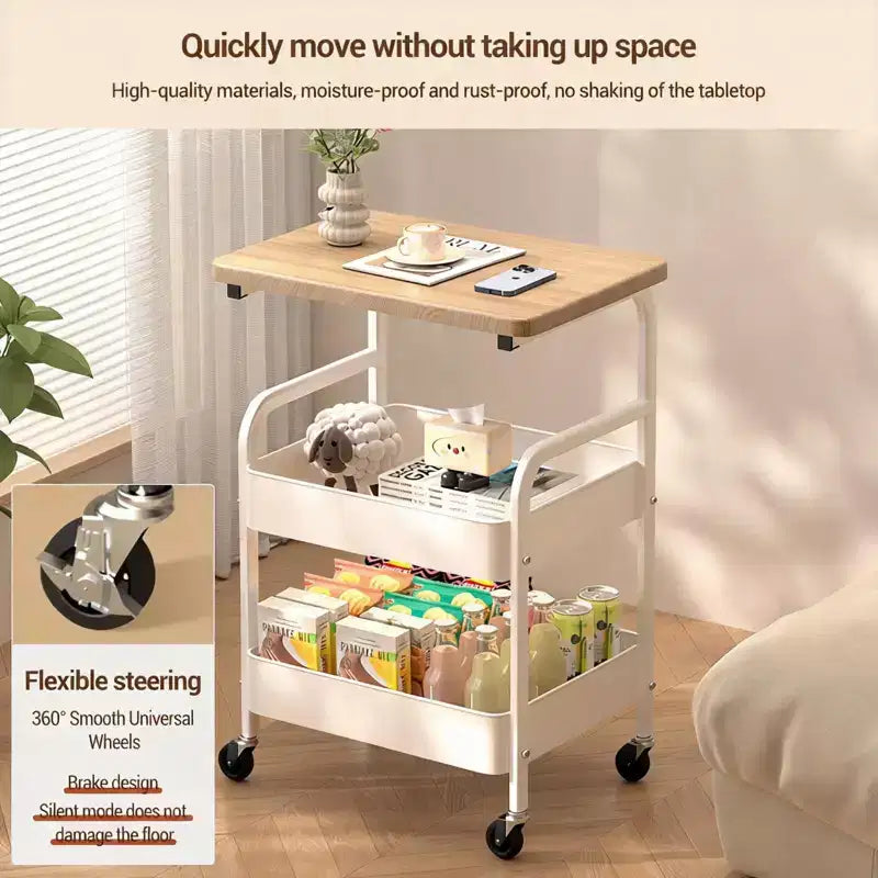 Sturdy 3-Tier Metal Utility Cart with Wooden Tabletop - Lockable Wheels, Multipurpose Storage Shelf for Kitchen Island, Office, Living Room, Bedroom