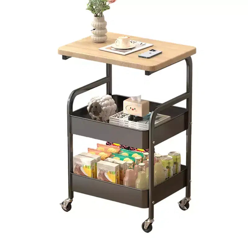 Sturdy 3-Tier Metal Utility Cart with Wooden Tabletop - Lockable Wheels, Multipurpose Storage Shelf for Kitchen Island, Office, Living Room, Bedroom