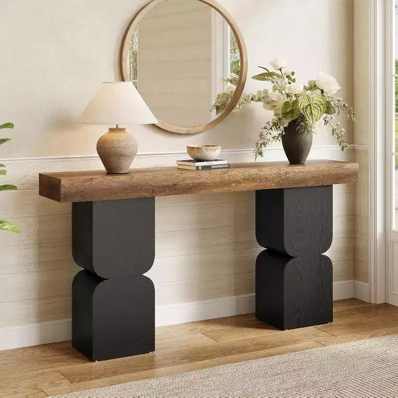 63-Inch Console Table, Heavy-Duty Behind Couch Sofa Table with Color Blocking Design for Living Room, Hallway, Foyer, Brown + Black