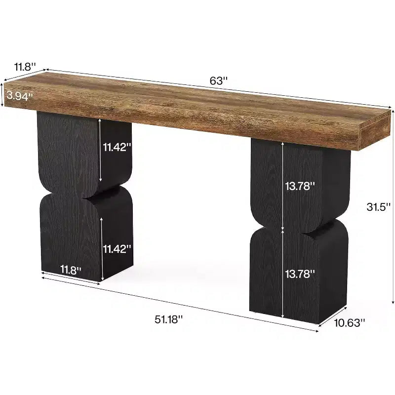 63-Inch Console Table, Heavy-Duty Behind Couch Sofa Table with Color Blocking Design for Living Room, Hallway, Foyer, Brown + Black