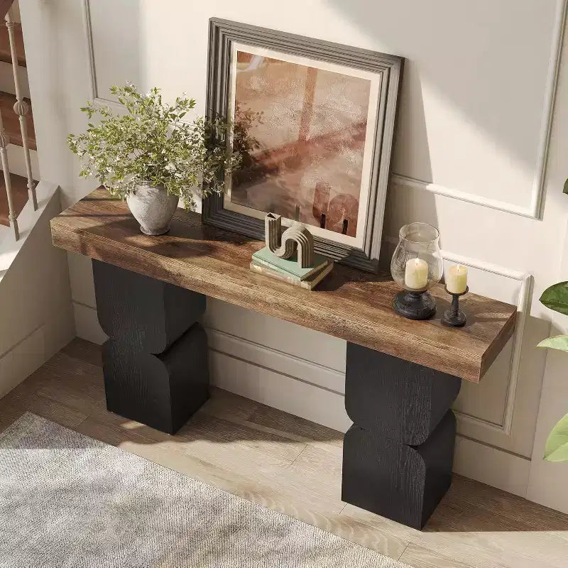 63-Inch Console Table, Heavy-Duty Behind Couch Sofa Table with Color Blocking Design for Living Room, Hallway, Foyer, Brown + Black