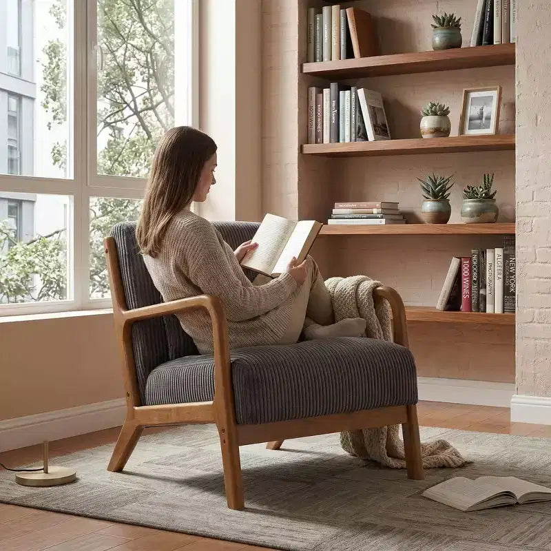 Corduroy Accent Chair with Solid Wood Frame, Upholstered Lounge Armchair with Pillow, Mid Century Reading Chair for Living Room Bedroom