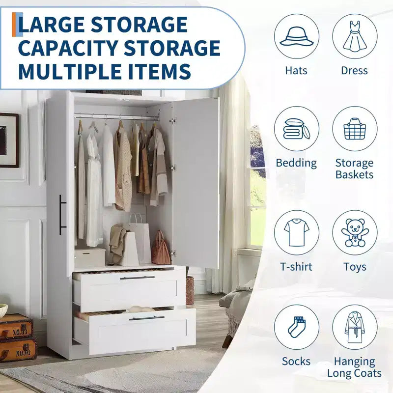 Modern Wooden Bedroom Wardrobe, Freestanding Wardrobe Clothing Storage Cabinet with Door and Shelves, Easy Assembly, for Bedroom, Laundry Room