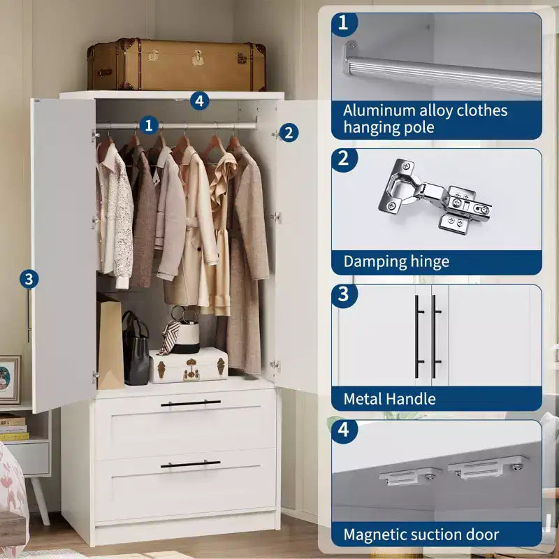 Modern Wooden Bedroom Wardrobe, Freestanding Wardrobe Clothing Storage Cabinet with Door and Shelves, Easy Assembly, for Bedroom, Laundry Room