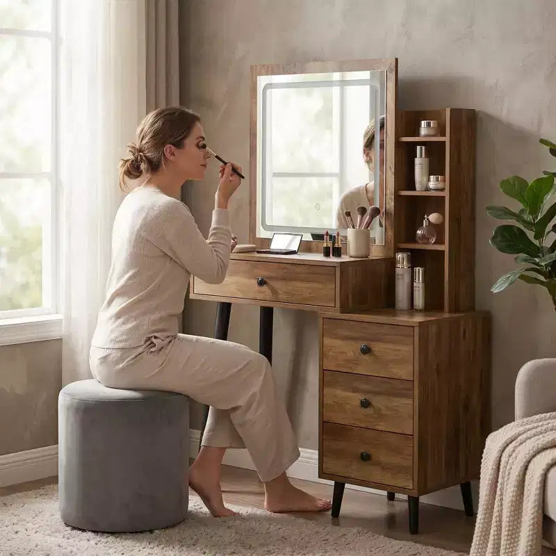 Makeup Vanity Desk with Sliding Mirror and Storage Shelves, Modern Dressing Table with Drawers for Bedroom Makeup Table with Storage