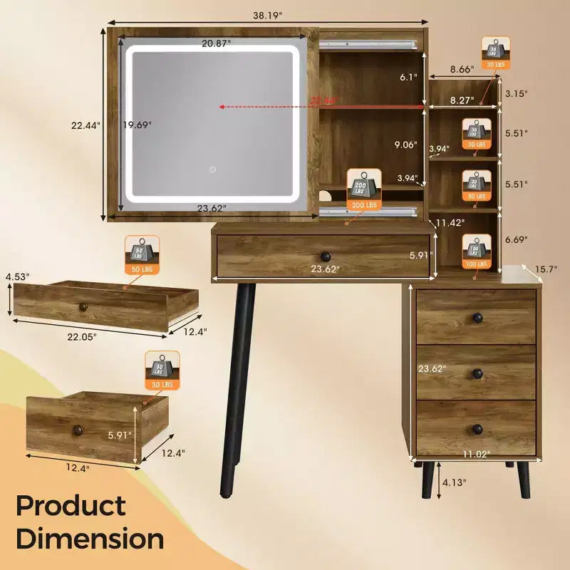 Makeup Vanity Desk with Sliding Mirror and Storage Shelves, Modern Dressing Table with Drawers for Bedroom Makeup Table with Storage
