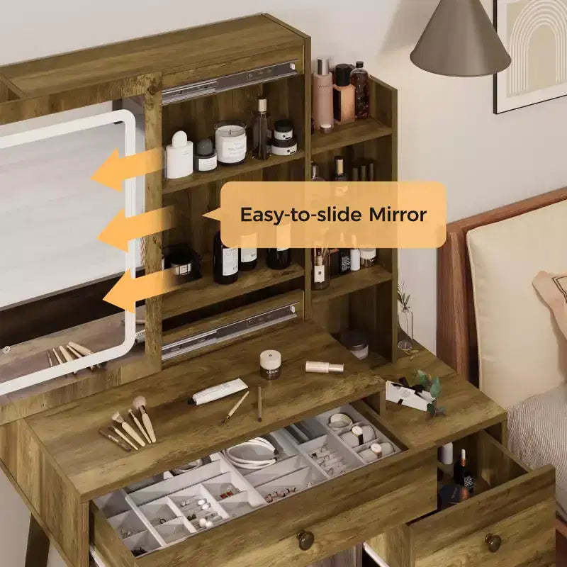 Makeup Vanity Desk with Sliding Mirror and Storage Shelves, Modern Dressing Table with Drawers for Bedroom Makeup Table with Storage