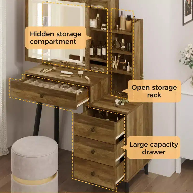 Makeup Vanity Desk with Sliding Mirror and Storage Shelves, Modern Dressing Table with Drawers for Bedroom Makeup Table with Storage