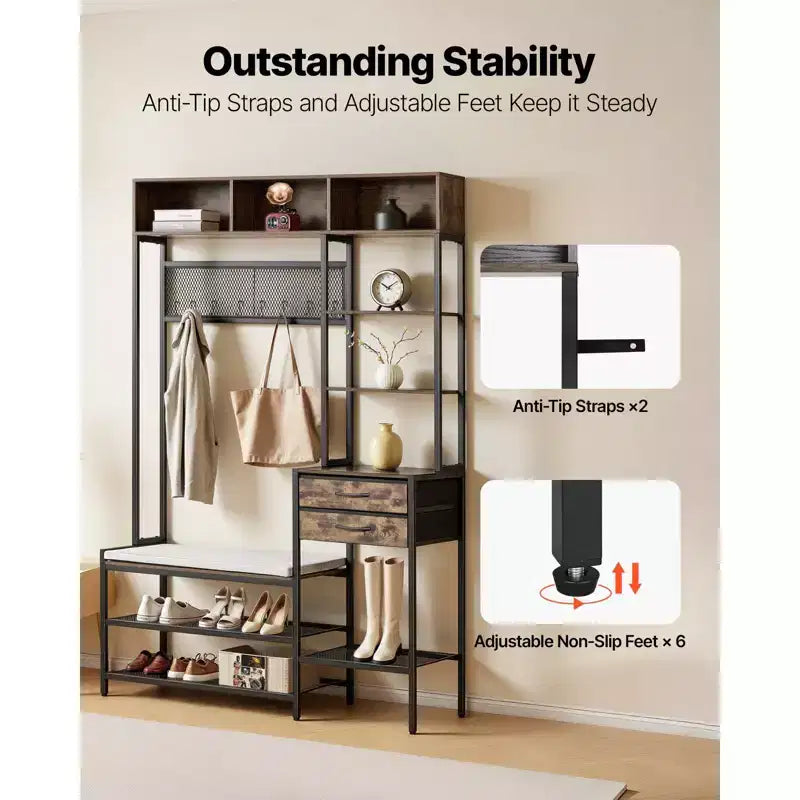 Hall Tree, 70.9 in Coat Rack with Shoe Bench & 2 Drawers, 3-in-1 Freestanding Shoe Rack Storage Organizer with Bookshelf & Wire Shelf