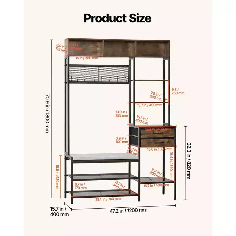 Hall Tree, 70.9 in Coat Rack with Shoe Bench & 2 Drawers, 3-in-1 Freestanding Shoe Rack Storage Organizer with Bookshelf & Wire Shelf