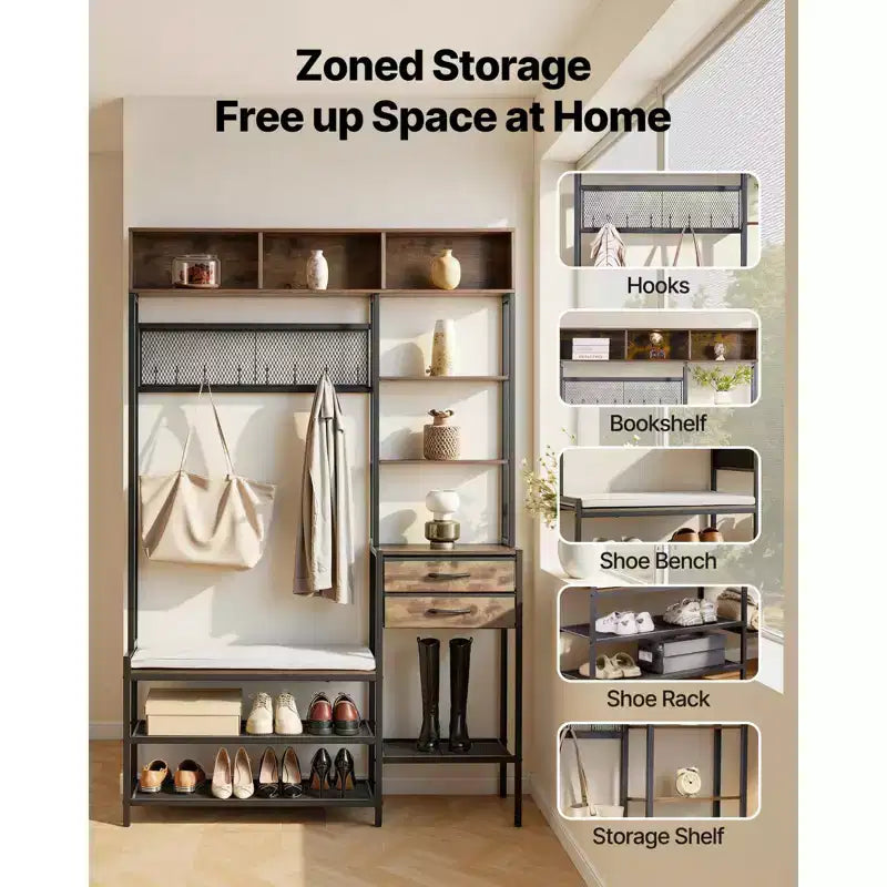 Hall Tree, 70.9 in Coat Rack with Shoe Bench & 2 Drawers, 3-in-1 Freestanding Shoe Rack Storage Organizer with Bookshelf & Wire Shelf