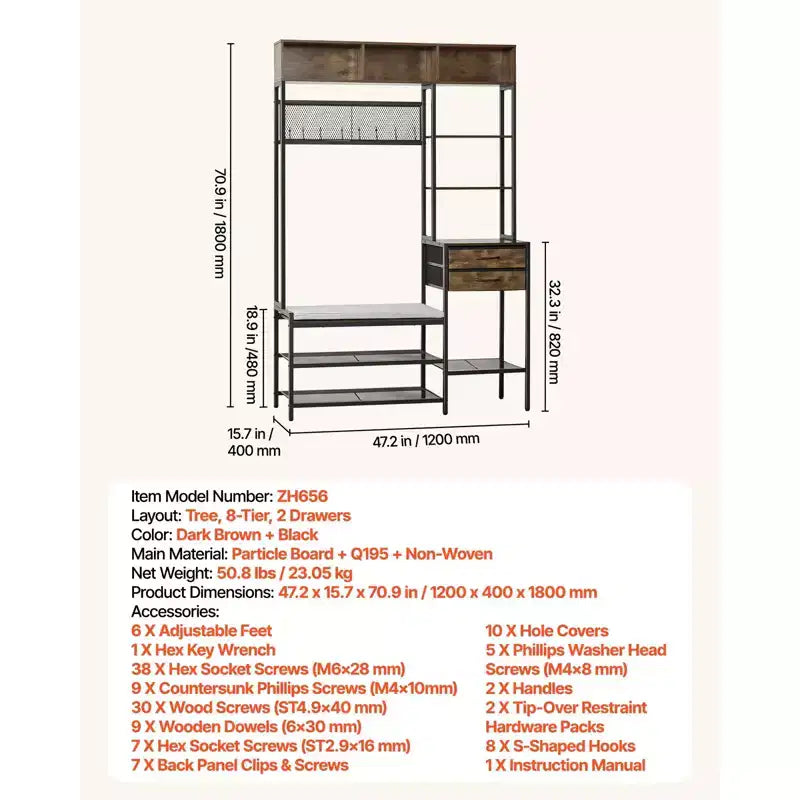 Hall Tree, 70.9 in Coat Rack with Shoe Bench & 2 Drawers, 3-in-1 Freestanding Shoe Rack Storage Organizer with Bookshelf & Wire Shelf