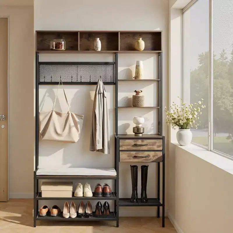 Hall Tree, 70.9 in Coat Rack with Shoe Bench & 2 Drawers, 3-in-1 Freestanding Shoe Rack Storage Organizer with Bookshelf & Wire Shelf