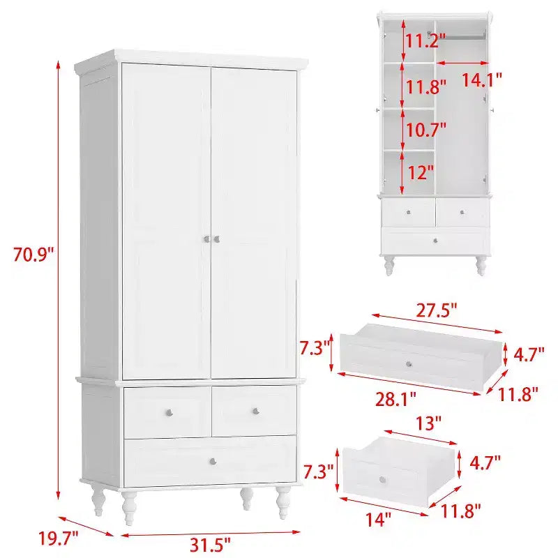 Wardrobe Closet 2 Door 3 Drawer with Tall Legs