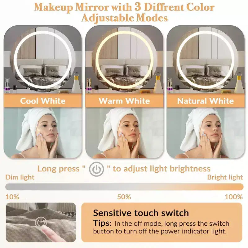 Modern Makeup Vanity with Lights and Charging Station, Small Vanity Desk with Cat Hole and Multi-Tier Storage Shelves, White