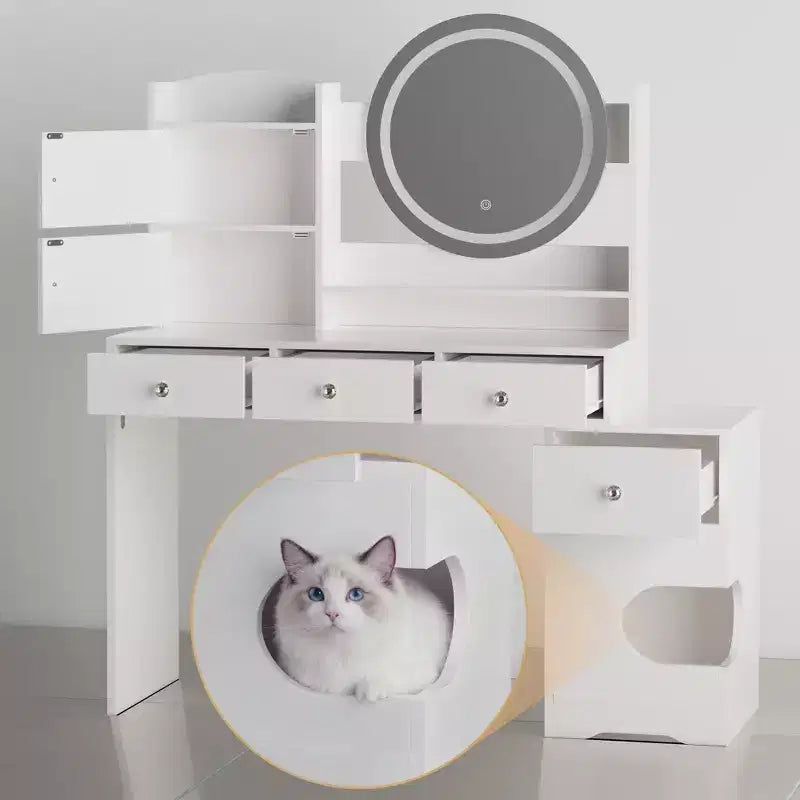 Modern Makeup Vanity with Lights and Charging Station, Small Vanity Desk with Cat Hole and Multi-Tier Storage Shelves, White