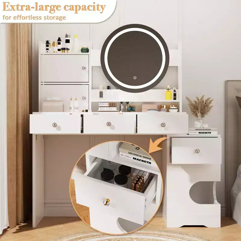 Modern Makeup Vanity with Lights and Charging Station, Small Vanity Desk with Cat Hole and Multi-Tier Storage Shelves, White