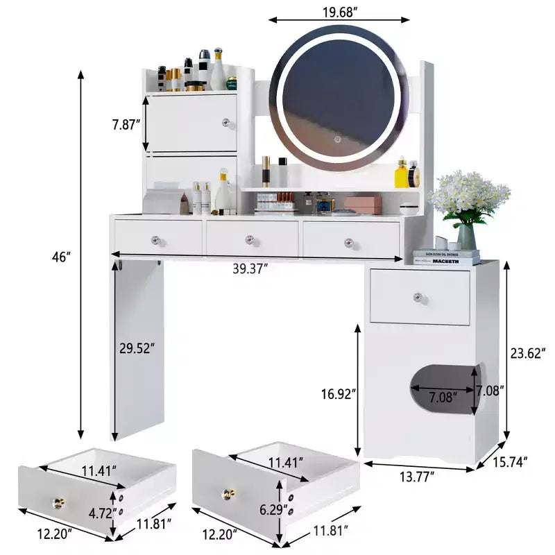 Modern Makeup Vanity with Lights and Charging Station, Small Vanity Desk with Cat Hole and Multi-Tier Storage Shelves, White