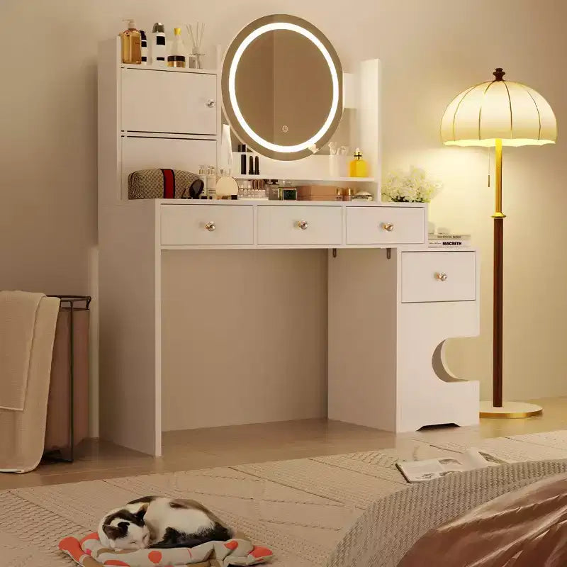 Modern Makeup Vanity with Lights and Charging Station, Small Vanity Desk with Cat Hole and Multi-Tier Storage Shelves, White