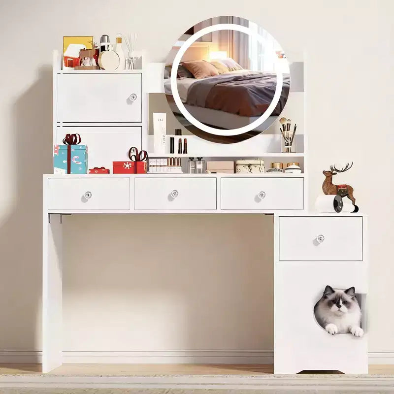 Modern Makeup Vanity with Lights and Charging Station, Small Vanity Desk with Cat Hole and Multi-Tier Storage Shelves, White