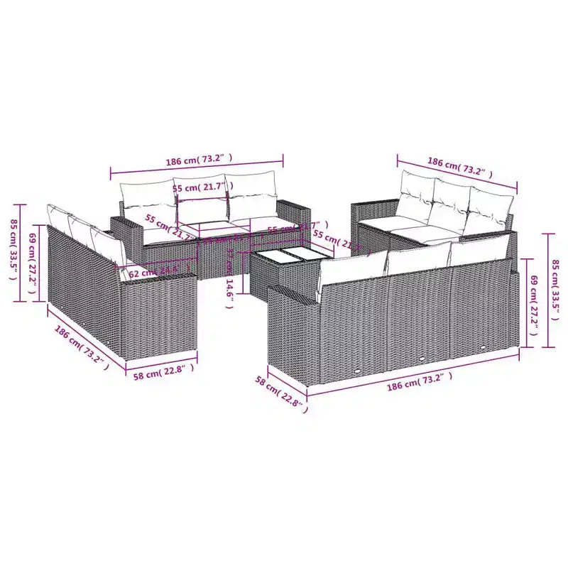 Garden Sofa Set Black PE Rattan Large Adjustable Feet