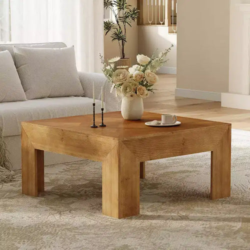 Lantine 39.4 Solid Wood Coffee Table with Intricate Inlaid Top & Sturdy Legs, Rustic Center Tables for Living Room, Easy Assembly, Brown
